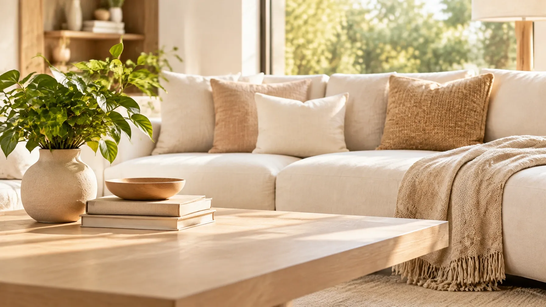 Warm, serene living room with a leafy plant