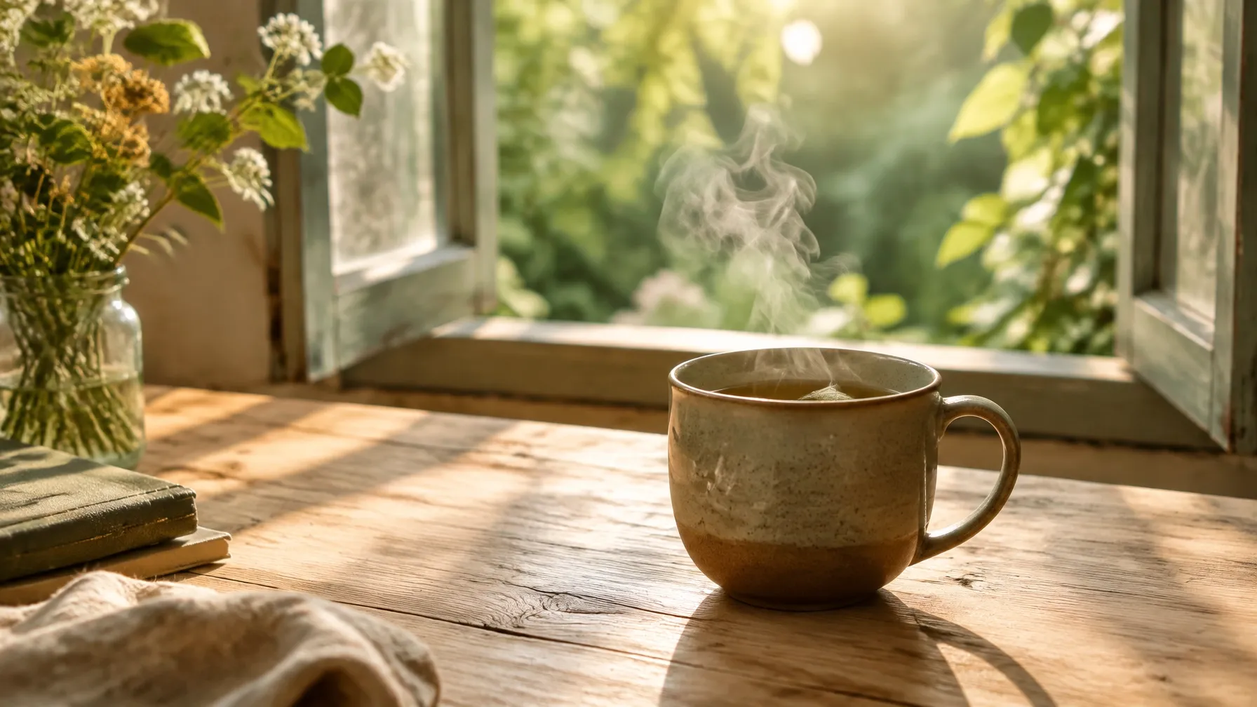 Steaming cup of tea on a wooden surface beside a sunlit window and soft greenery