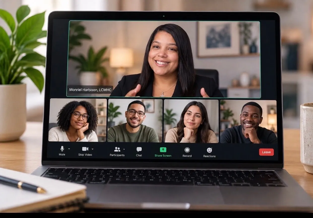 Monriel Harbison facilitating a virtual group therapy session with adult participants