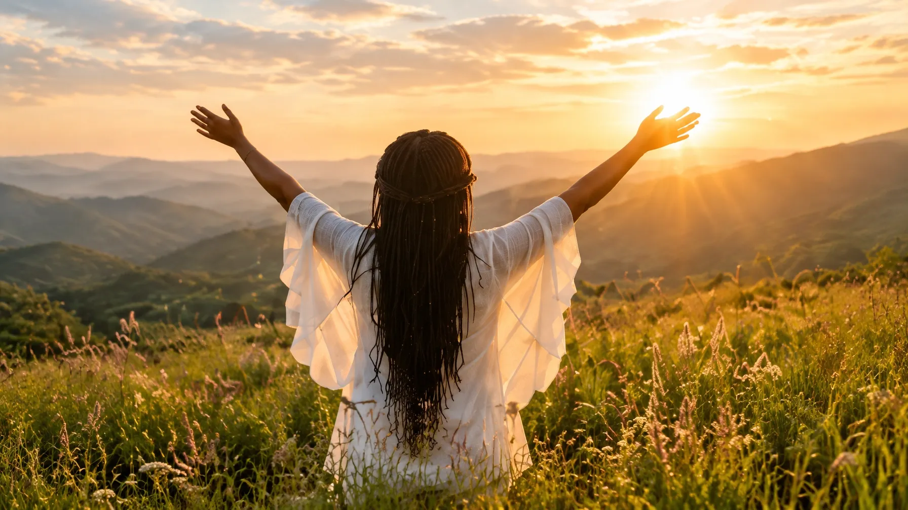 A woman in a white dress stands with her arms open toward a sunlit mountain view at golden hour