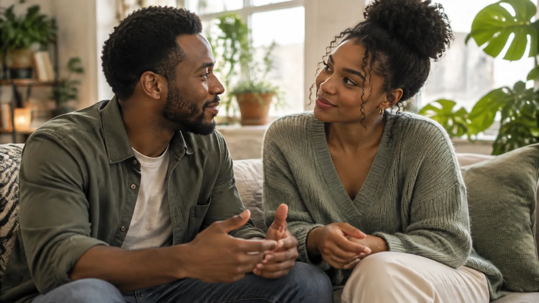 A couple in warm conversation, illustrating how attachment shapes relationships