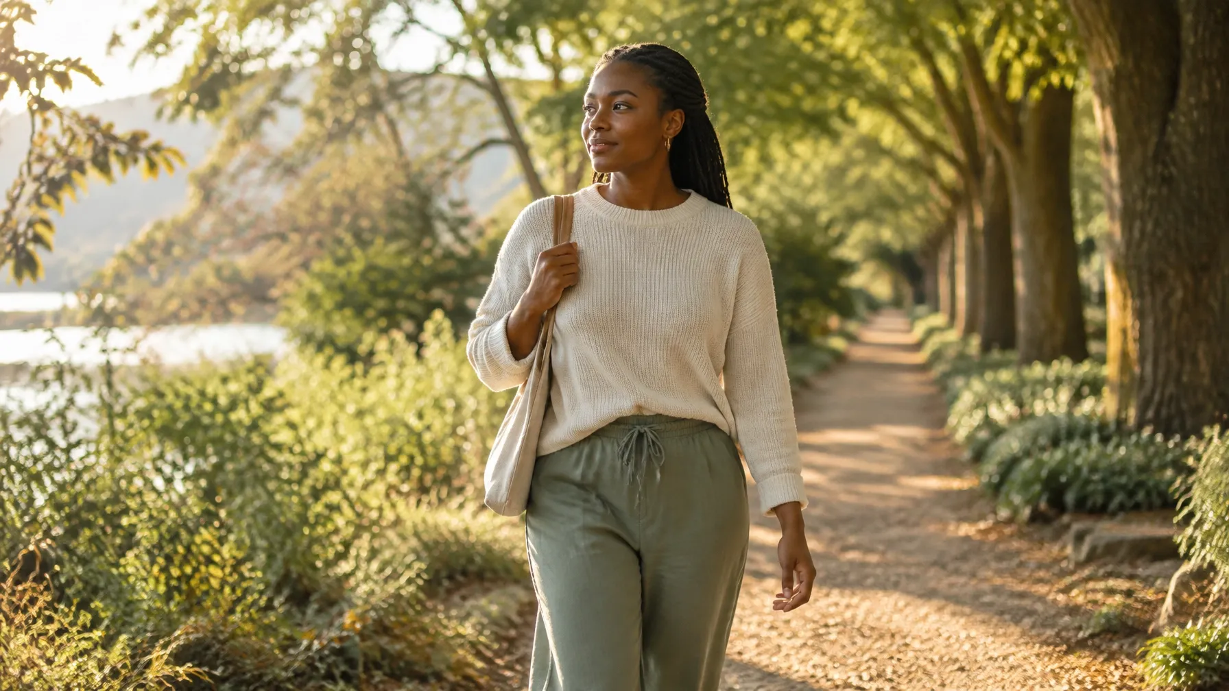 A woman walking along a sunlit path, supporting her mental health through time outdoors