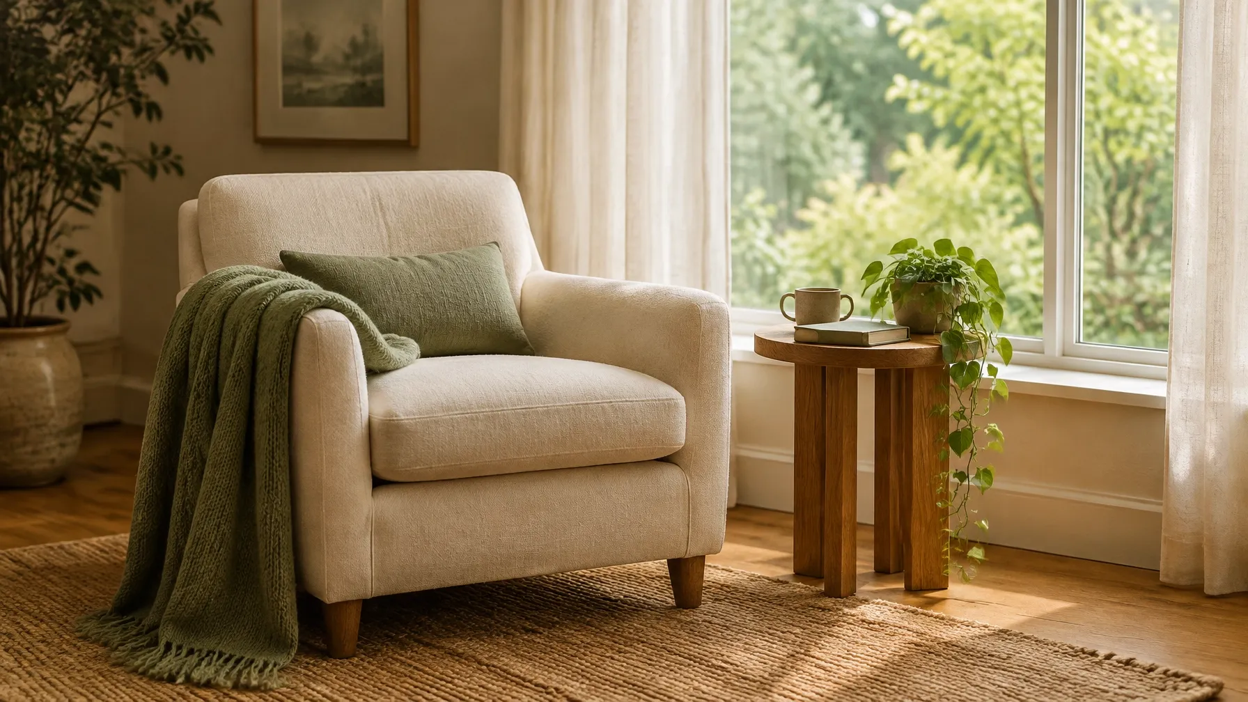 A calm, welcoming therapy chair beside a sunlit window
